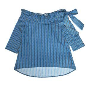 NWT Never A Wallflower Blue and Brown off the shoulder bow top size xs